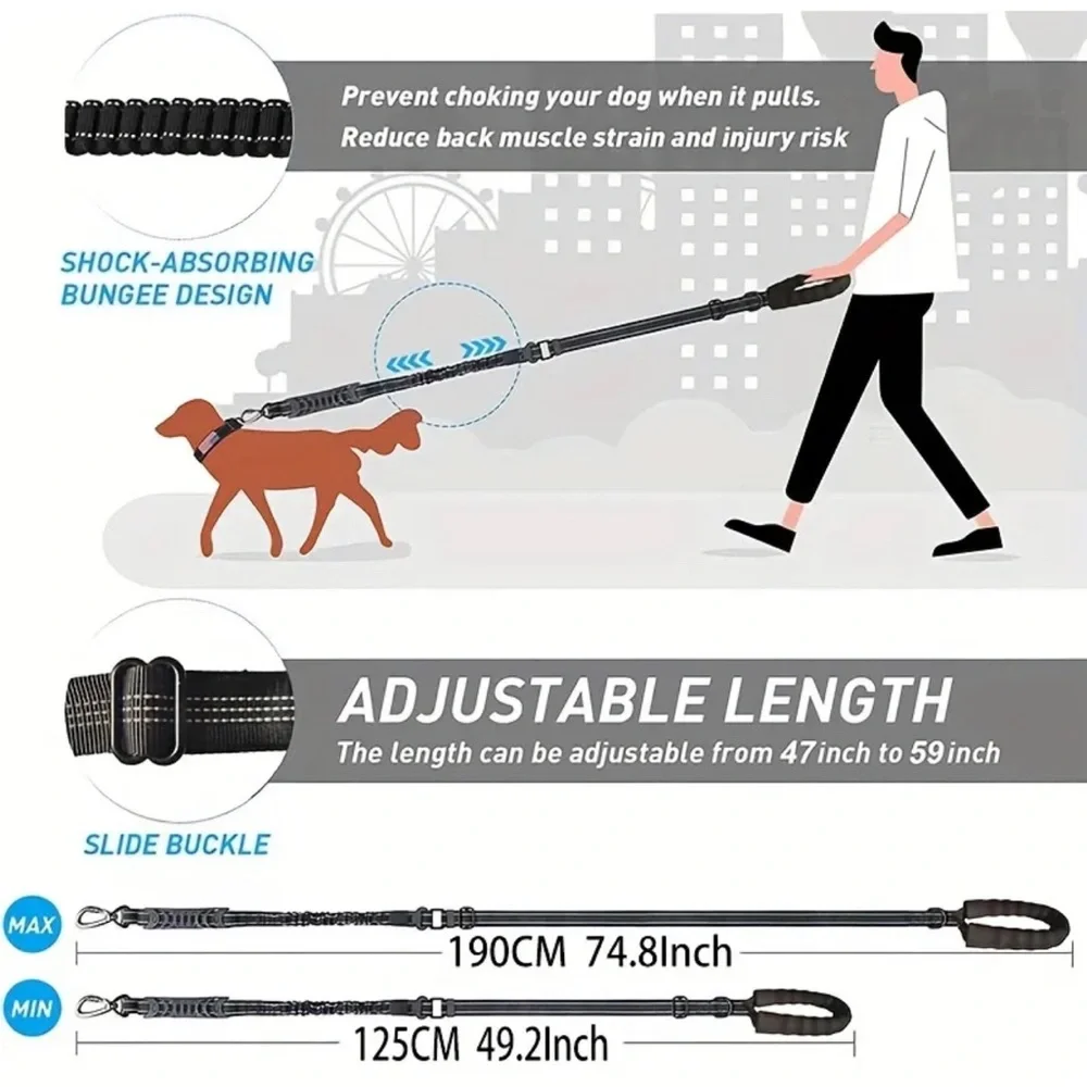 Reflective Black Padded Dog Leash w/2 Handles- Car Clip & Bonus Waste Bag Holder